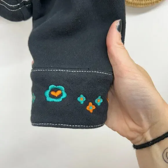 Something Navy Blue Flower Floral Embroidered Quarter Snap Button Sweatshirt XS